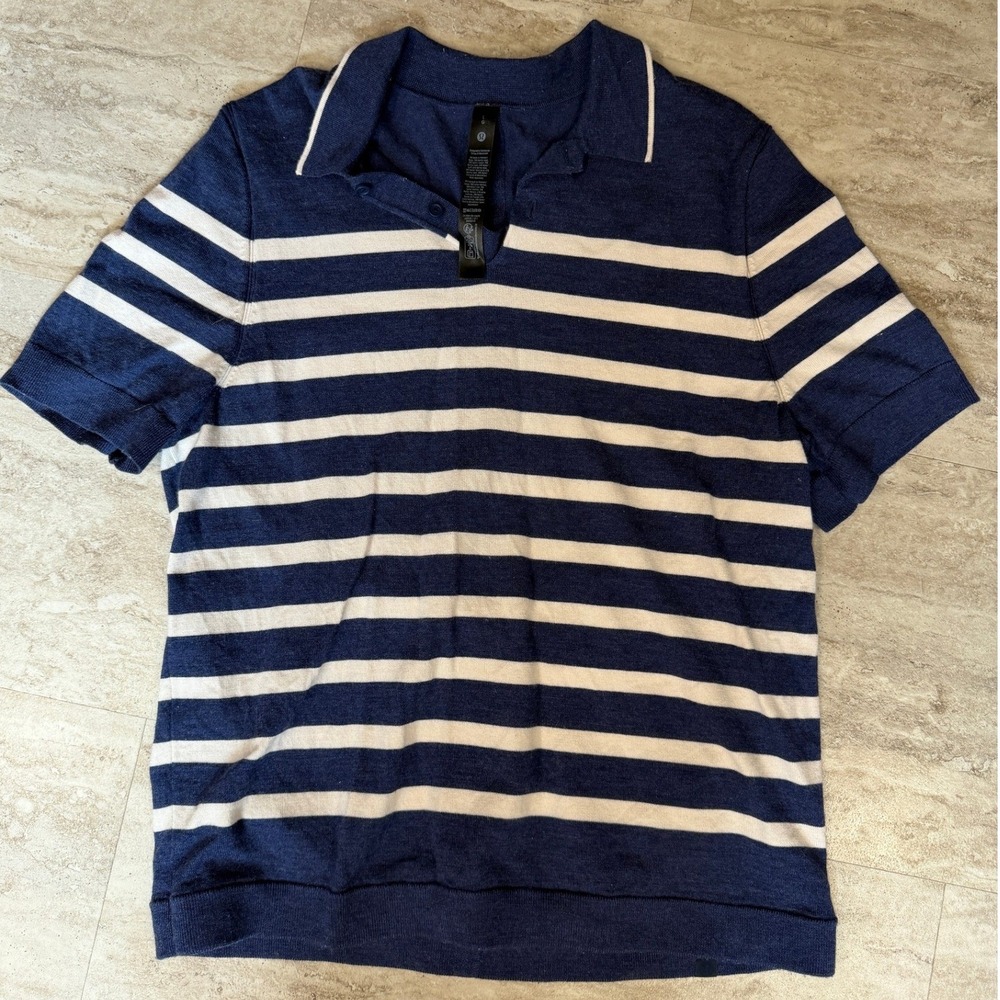 Lululemon Men's Merino Wool Blend Striped Polo Navy White Large